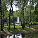 Planty Park, pond and fountain, Old Town, Krakow, Poland